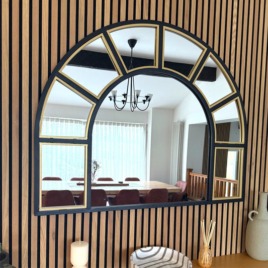 Black & Gold Metal Arched Window Mirror - 95cm x 120cm