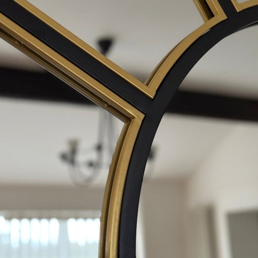 Black & Gold Metal Arched Window Mirror - 95cm x 120cm