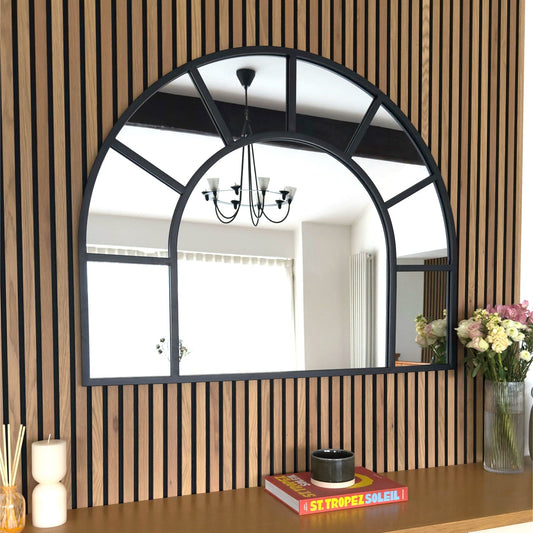 Black Metal Arched Window Mirror - 95cm x 120cm
