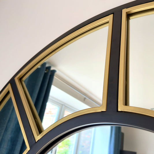 Full Length Black & Gold Metal Arched Window Mirror - 180cm x 105cm.