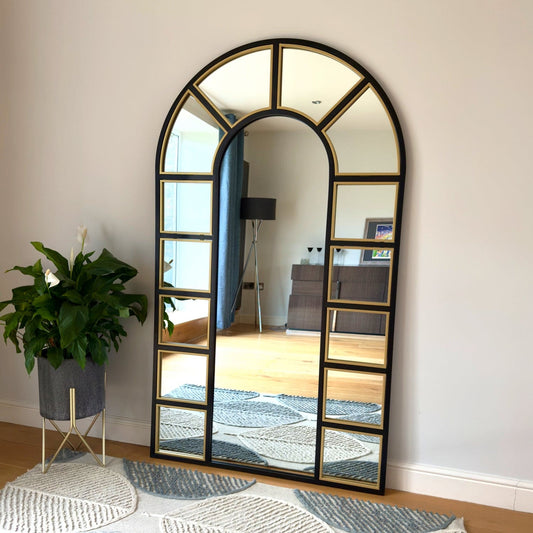 Full Length Black & Gold Metal Arched Window Mirror - 180cm x 105cm.