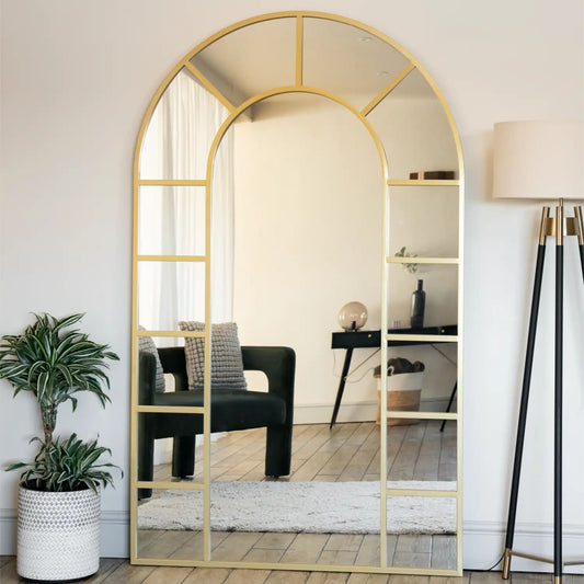 Full Length Gold Metal Arched Window Mirror - 180cm x 90cm.