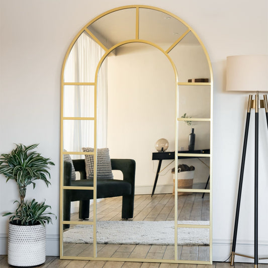 Full Length Gold Metal Arched Window Mirror - 200cm x 120cm