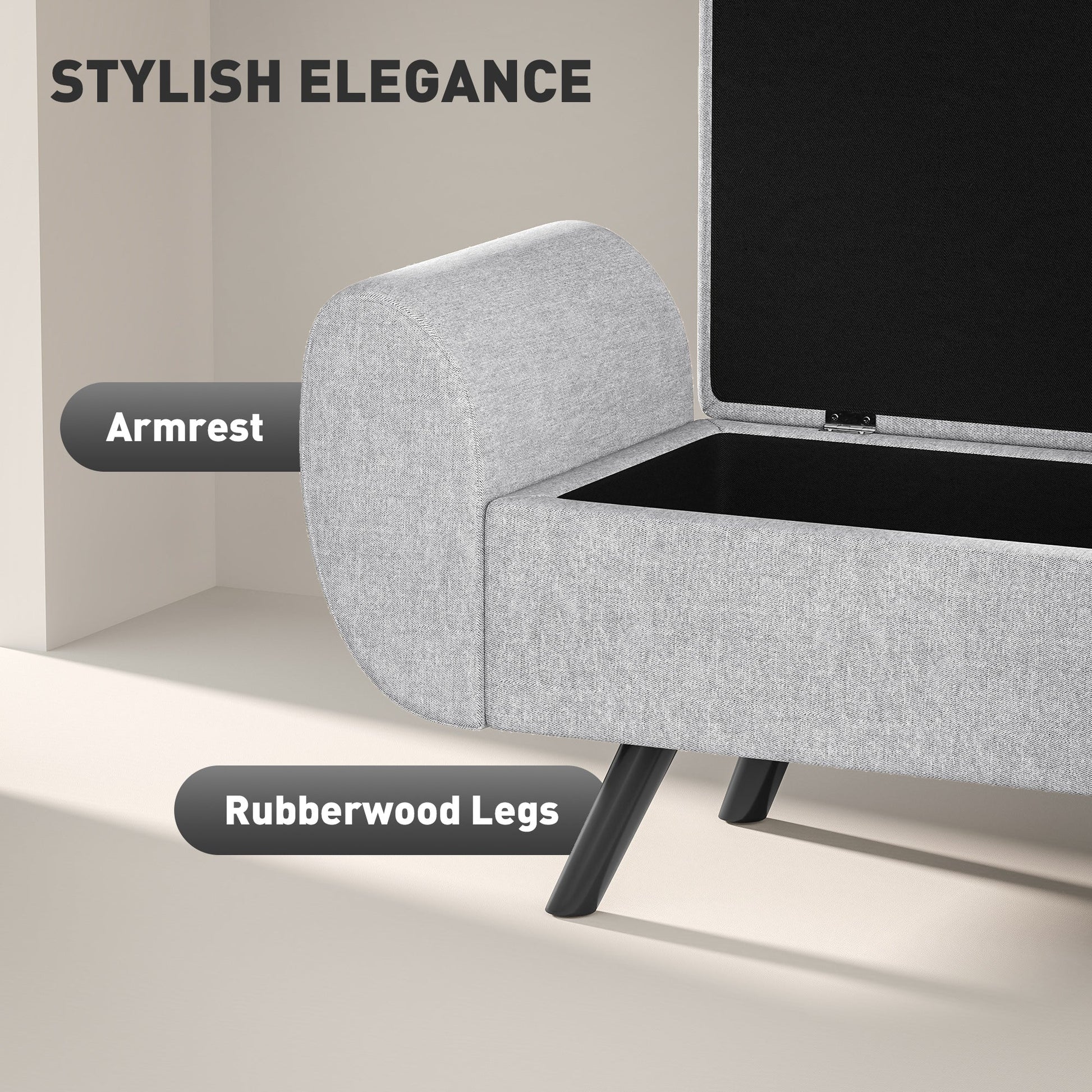 Storage Ottoman with Armrest, Upholstered Linen Storage Bench, Window Seat with Rubberwood Legs, Footstool for Bedroom Living Room, Hallway, Light Grey