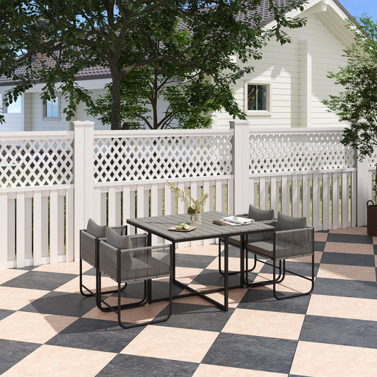 4 Seater Rattan Cube Garden Furniture Set, Rattan Dining Set with Cushions, Outdoor Dining Table and Chairs with Rectangular Wood Grain Plastic Top Table for Patio, Balcony, Grey
