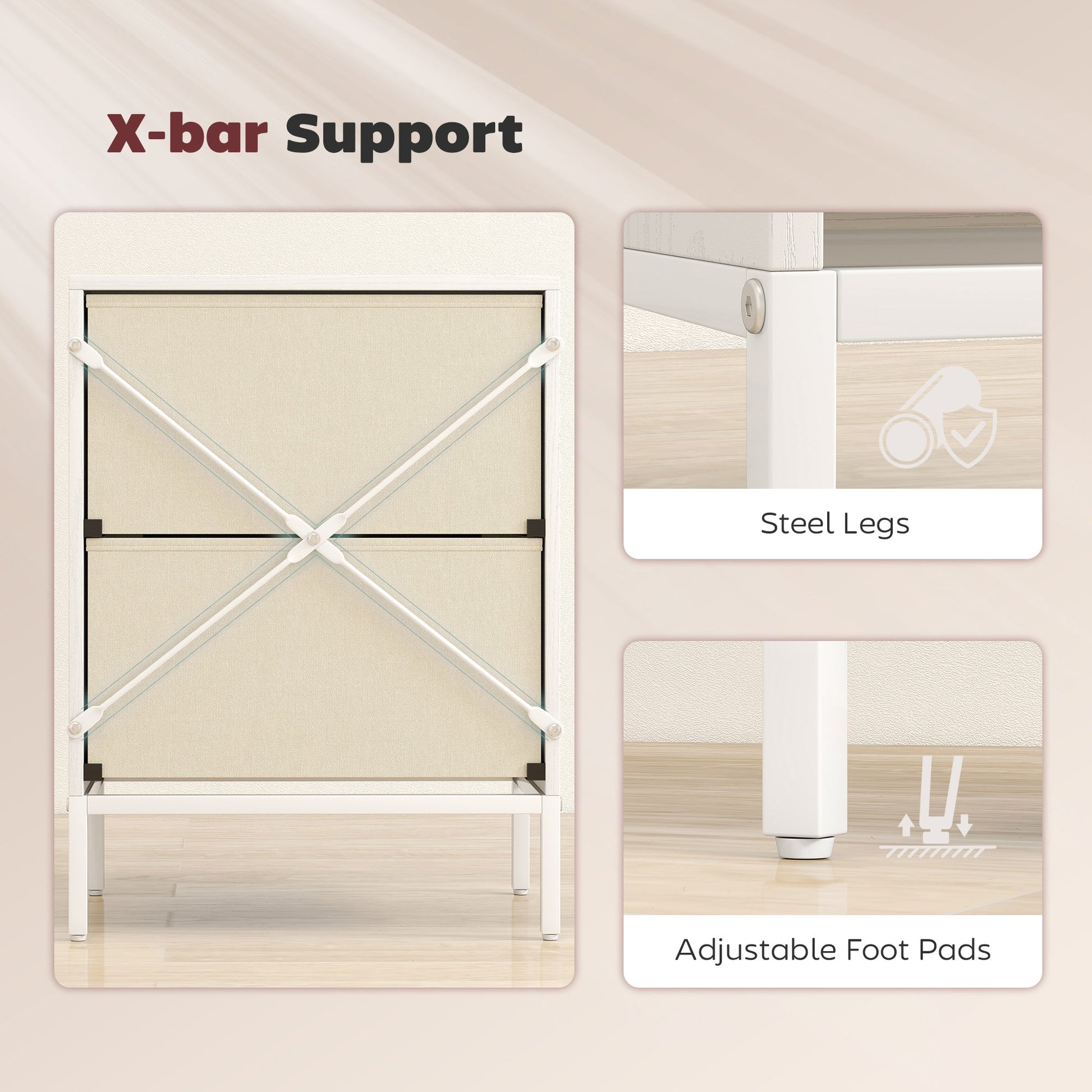 Chest of Drawers, Dresser with 2 Fabric Drawers and Aluminium Handles - White