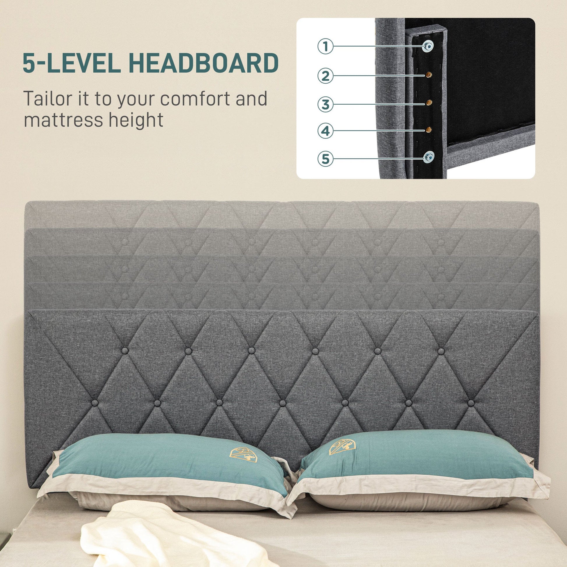 Double Bed Frame with 5-Level Adjustable Linen Upholstered Headboard, Wooden Slats Mattress Foundation, No Box Spring Needed, Grey