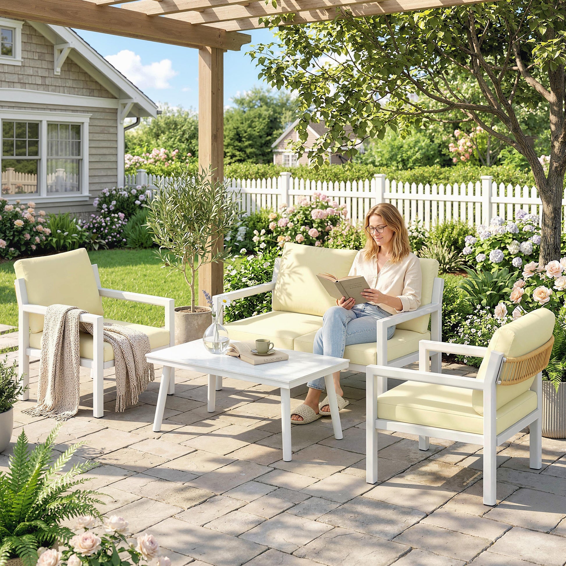 4 Seater Rattan Garden Furniture Set with 2 Armchairs, Loveseat, Coffee Table, Garden Sofa Set with Cushions, Brown