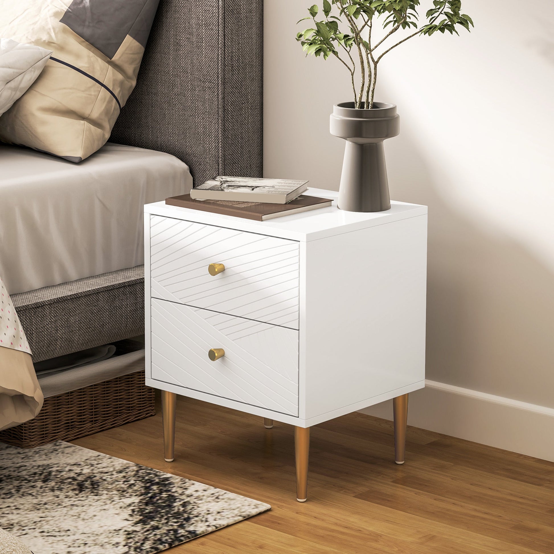 Elegant Two-Drawer Bedside Table - White/Gold-Tone