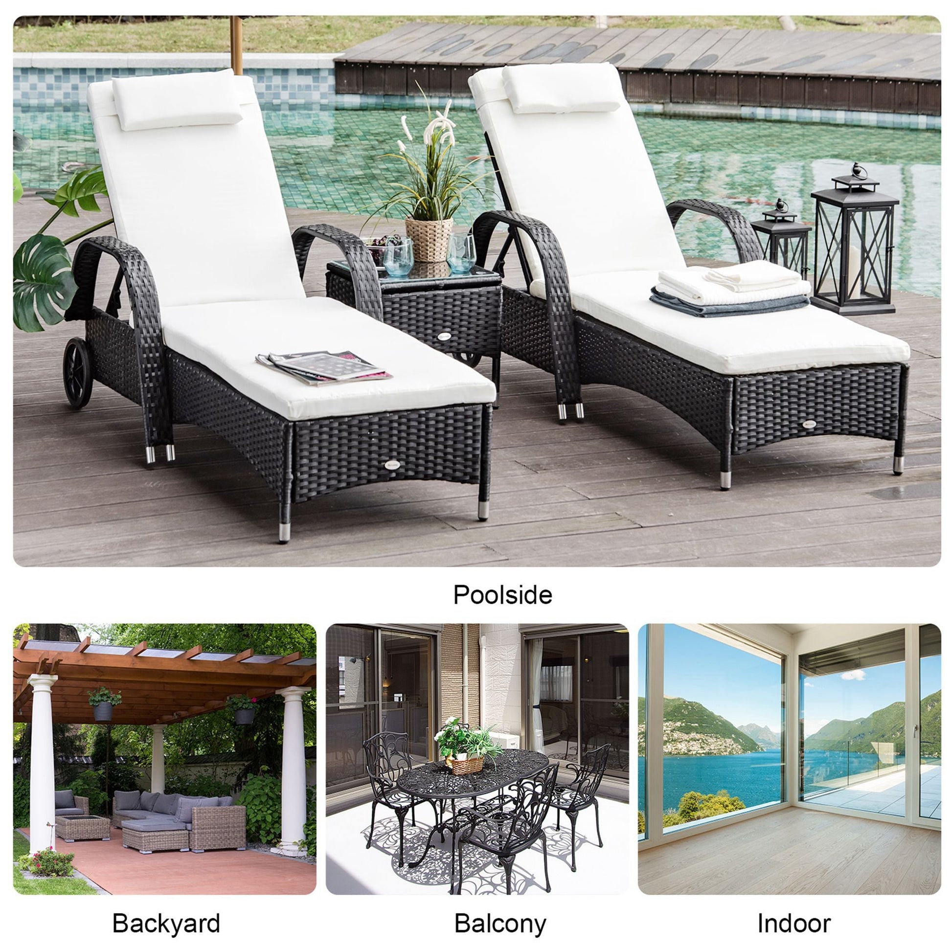 2 Seater Rattan Sun Lounger Set with Side Table Black