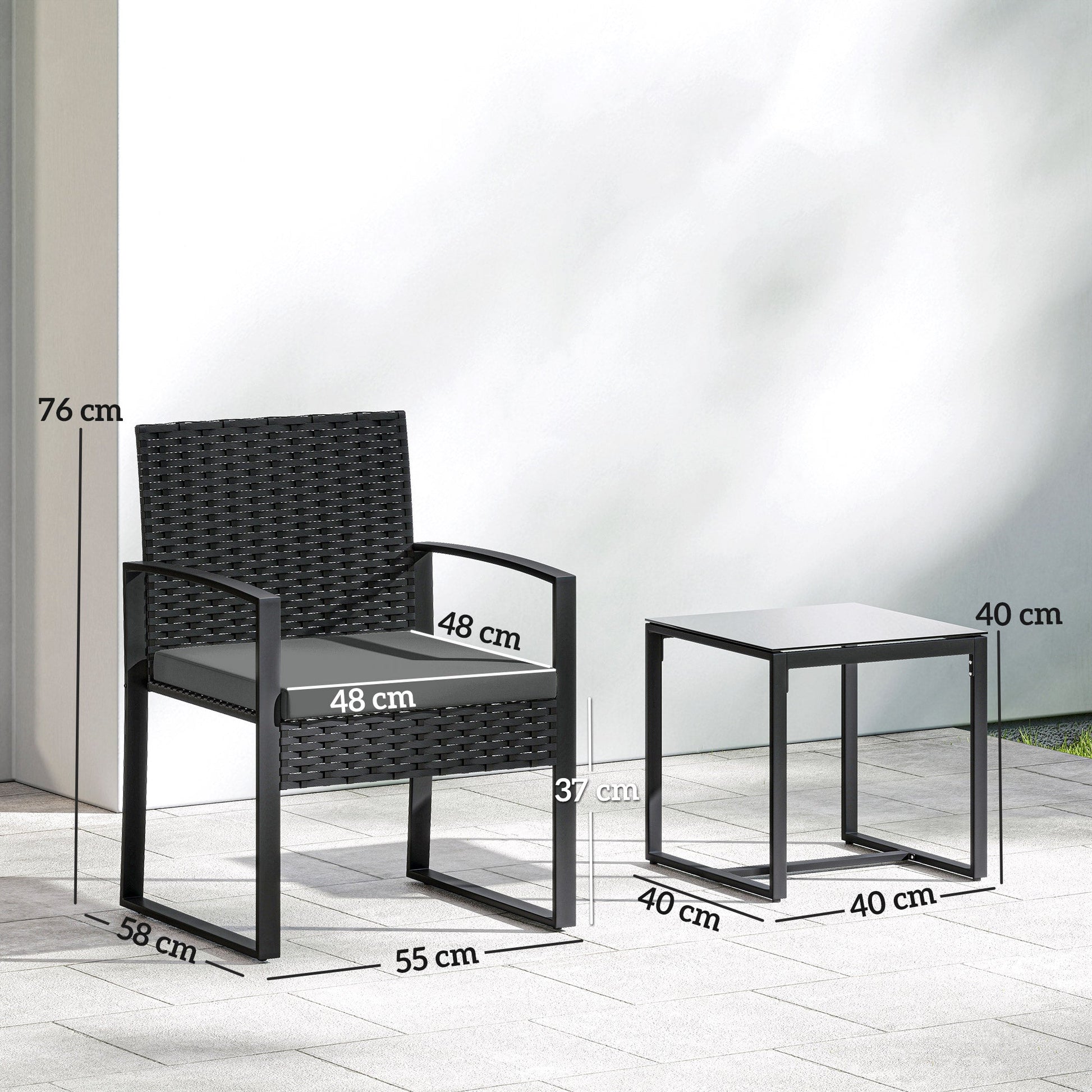 Rattan Bistro Set, 3 Piece Garden Furniture Set with Glass Top Table and Cushions, Dark Grey