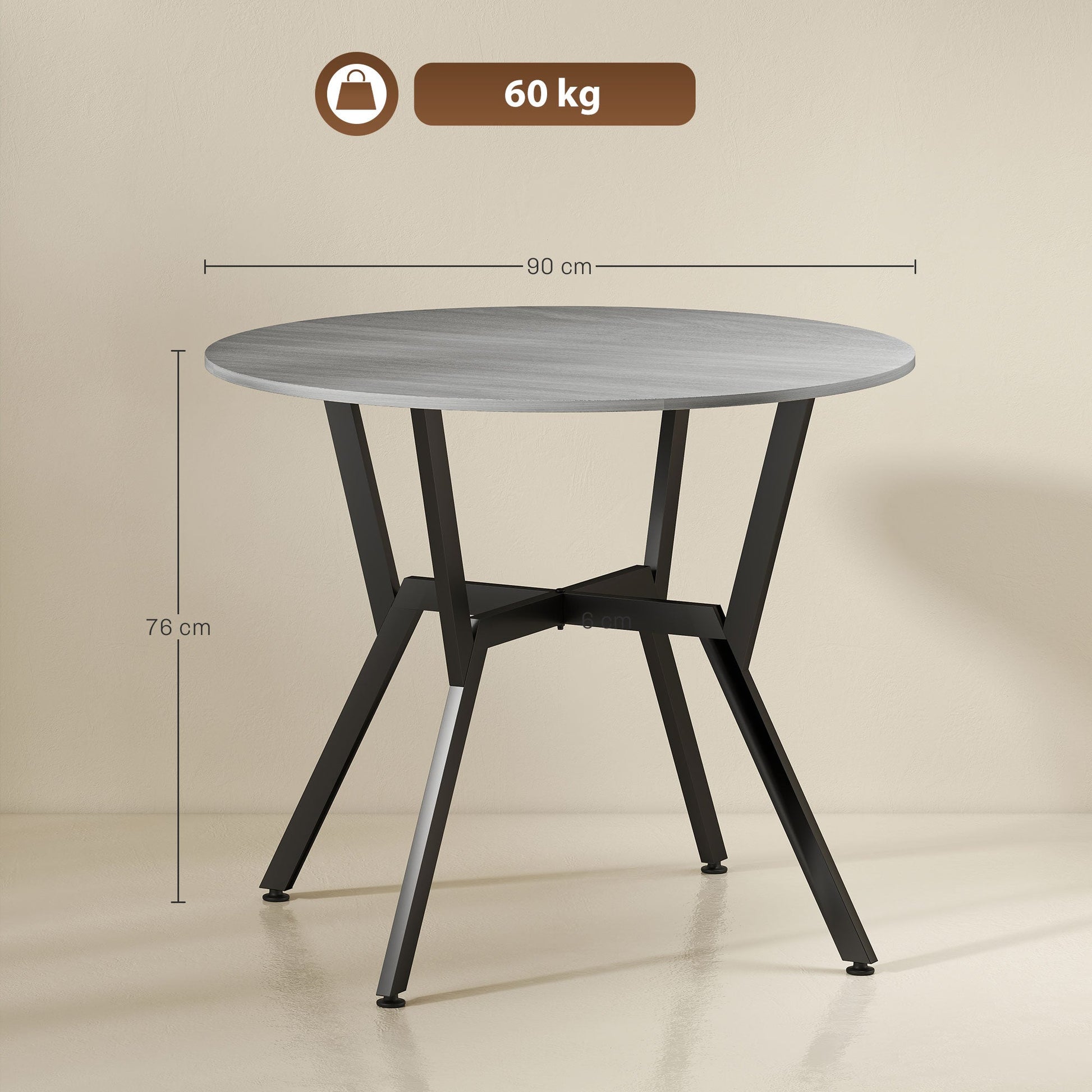 Dining Table, Round Kitchen Table with Black Legs, Anti-slip Foot Pads for Living Room, Dining Room 90 x 76 cm, Grey