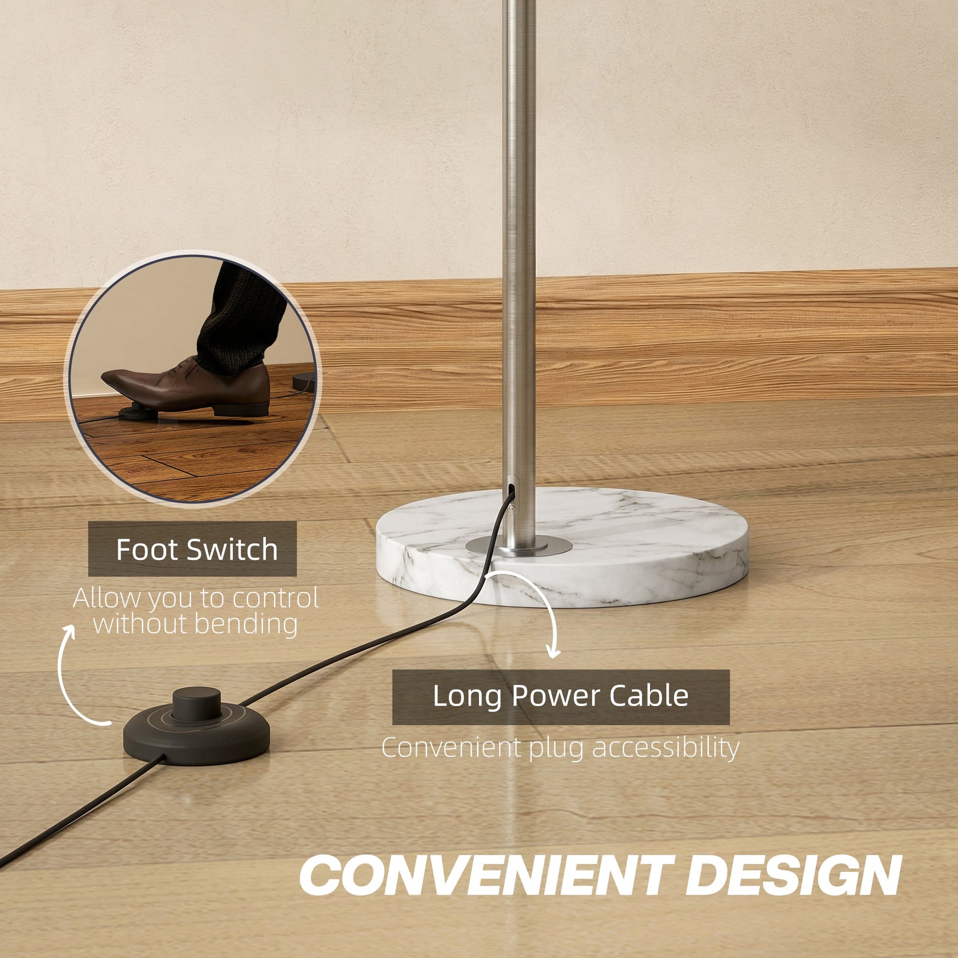 Arc Floor Lamp for Living Room, Modern Adjustable Standing Lamp with Faux Black Marble Base Silver Tone