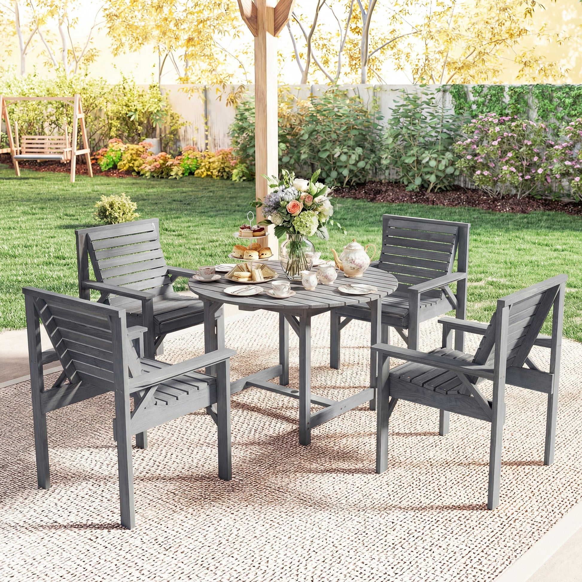 5 Pieces Garden Dining Set with Parasol Hole, Round Outdoor Table and Chairs, 4 Seater Wooden Garden Furniture, Grey