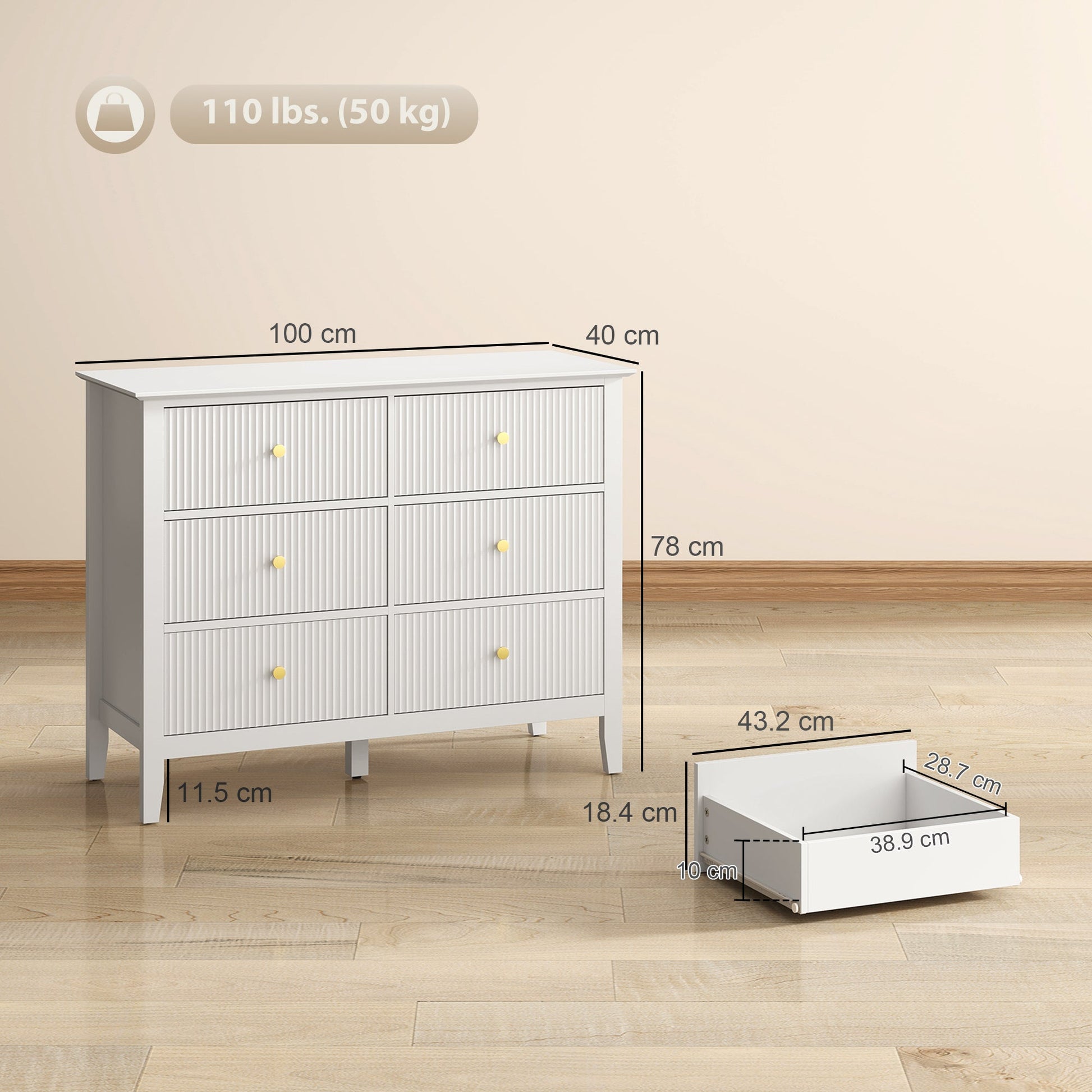 Fluted Dresser, 6 Drawer Chest of Drawers for Bedroom, Living Room, Hallway, Closet, White