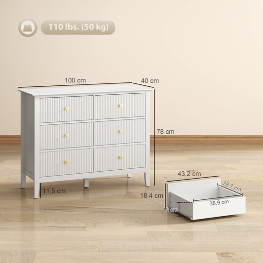 Fluted Dresser, 6 Drawer Chest of Drawers for Bedroom, Living Room, Hallway, Closet, White