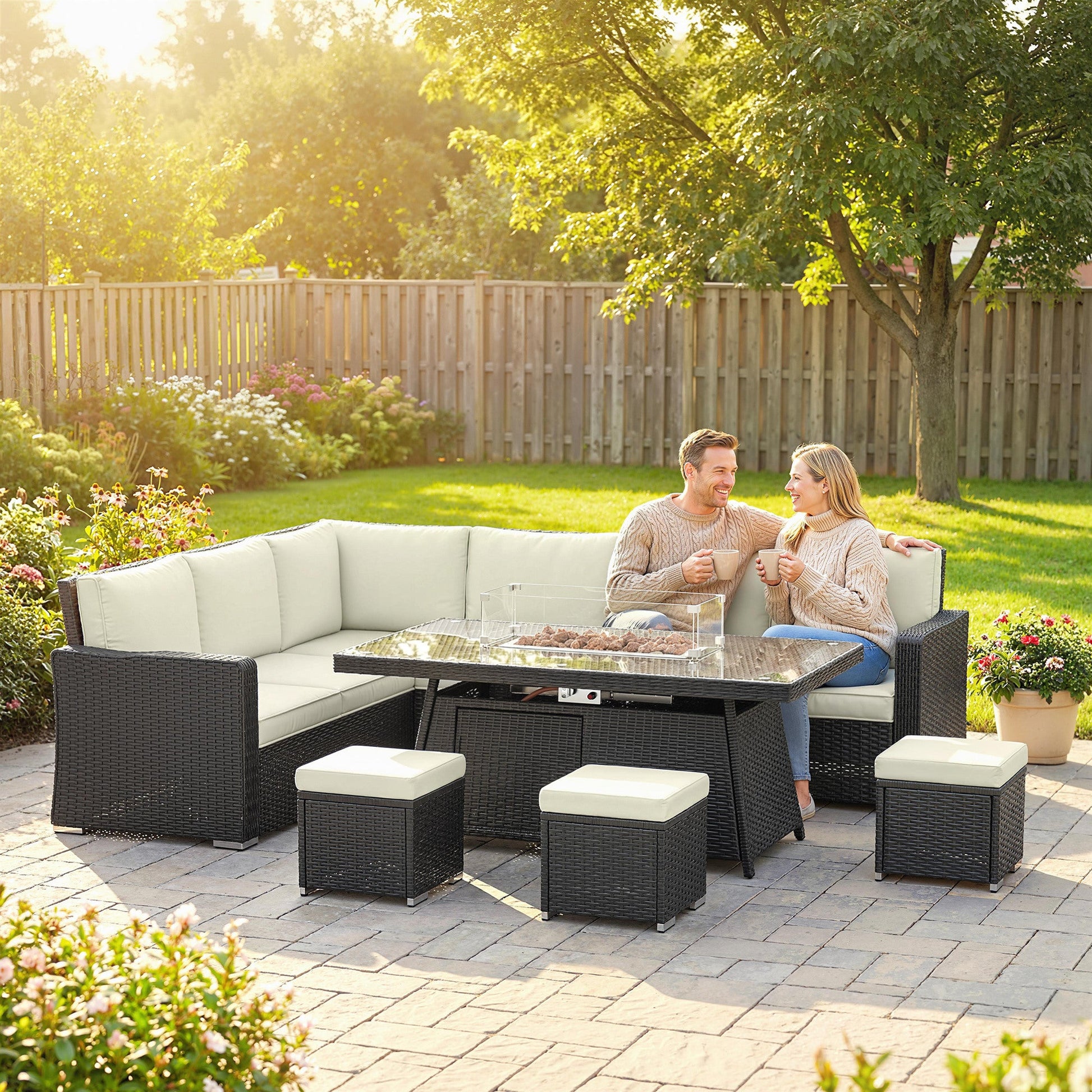 7 Pieces PE Rattan Garden Furniture Set, 50,000 BTU Gas Fire Pit Table, Double Corner Sofa and 3 Footstools