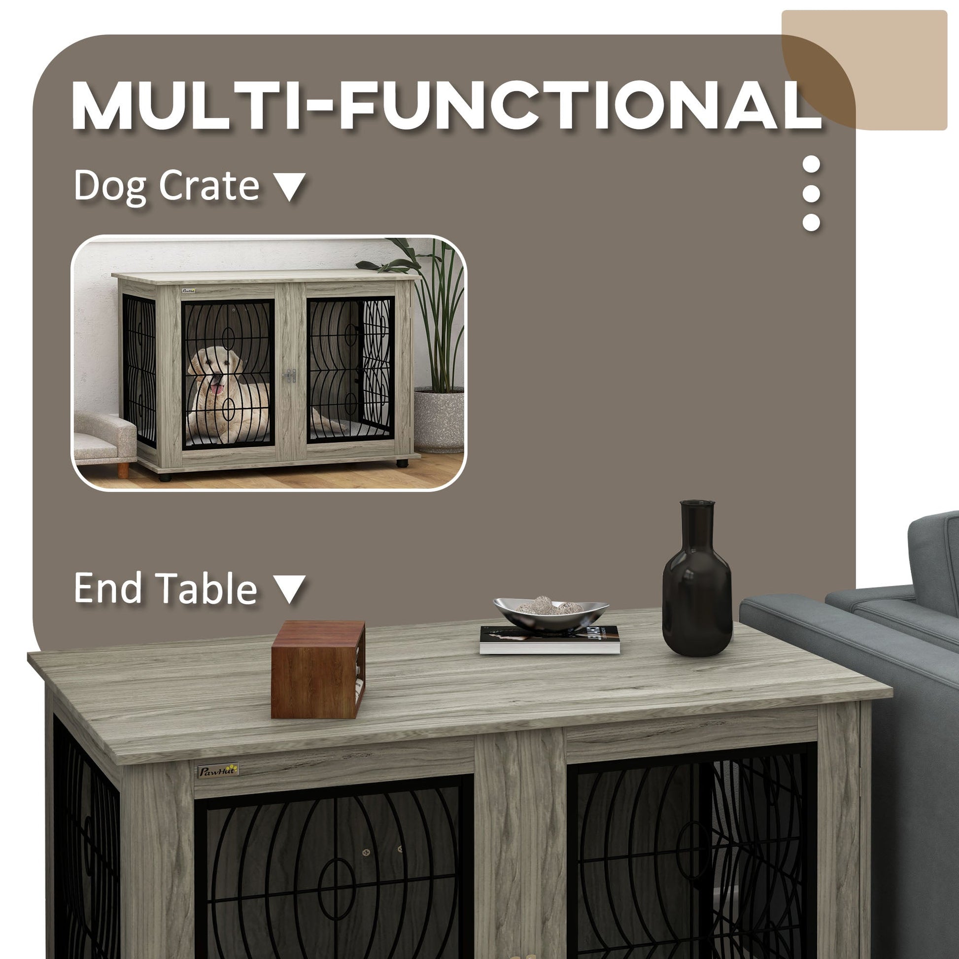 Indoor Dog Crate Furniture End Table with Soft Washable Cushion, Lockable Front Door, for Extra Large Dogs - Grey