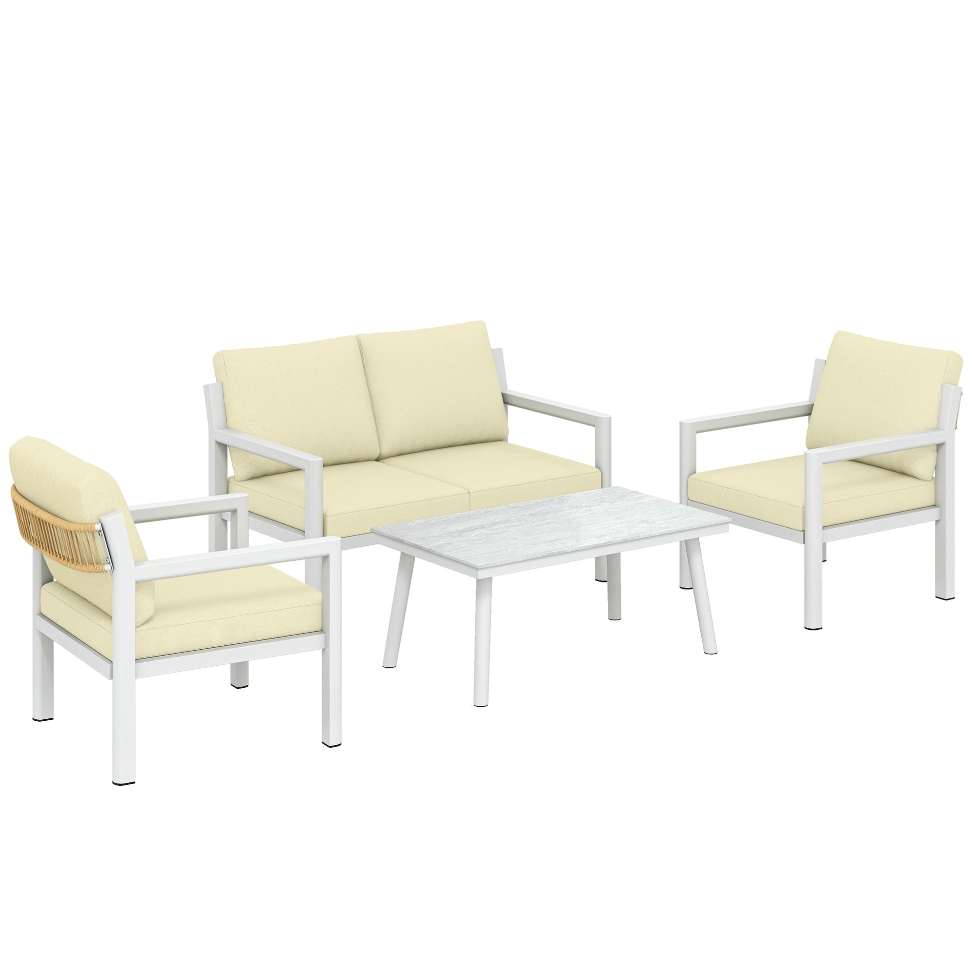 4 Seater Rattan Garden Furniture Set with 2 Armchairs, Loveseat, Coffee Table, Garden Sofa Set with Cushions, Brown
