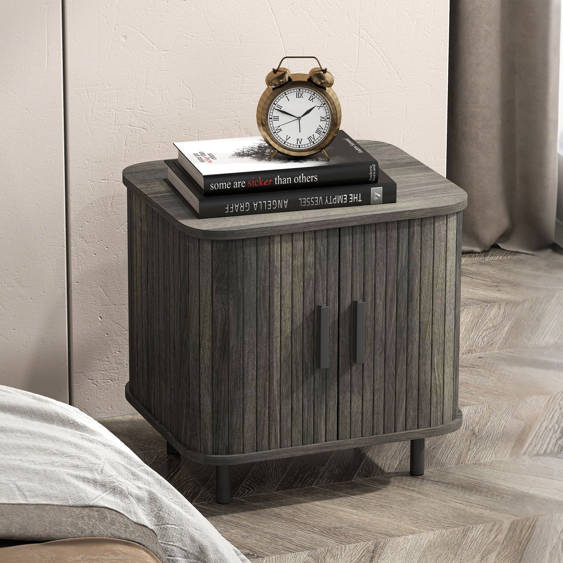 Bedside Table, Nordic Side Table with Roller Shutter Style Sliding Doors and Metal Legs for Bedroom, Living Room, Grey
