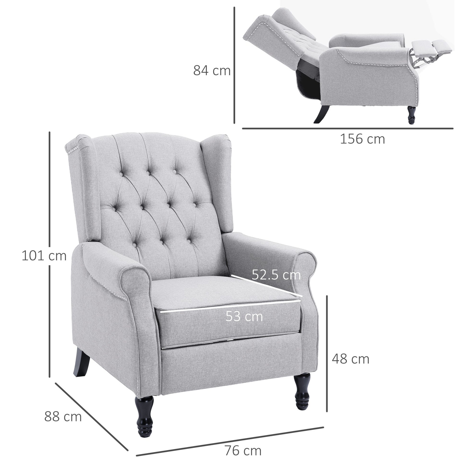 Recliner Armchair, Vintage Reclining Chair with Nail Head Trim, Wingback Chair with Button Tufted Back and Footrest, for Living Room, Light Grey