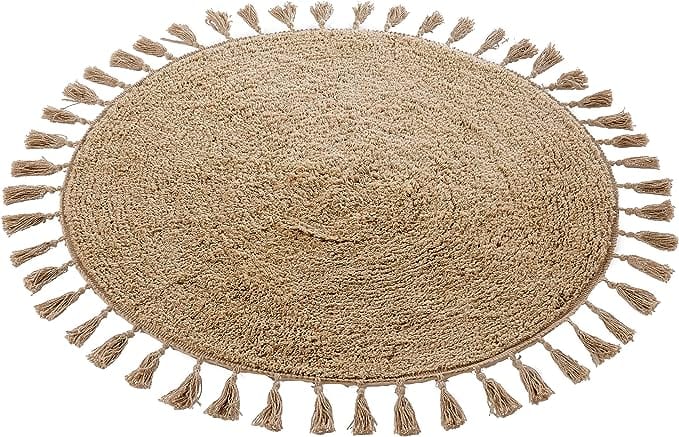 OLIVIA ROCCO Non Slip Round Tasselled Bath Mat 100% Cotton Absorbent Soft Plush Bathroom