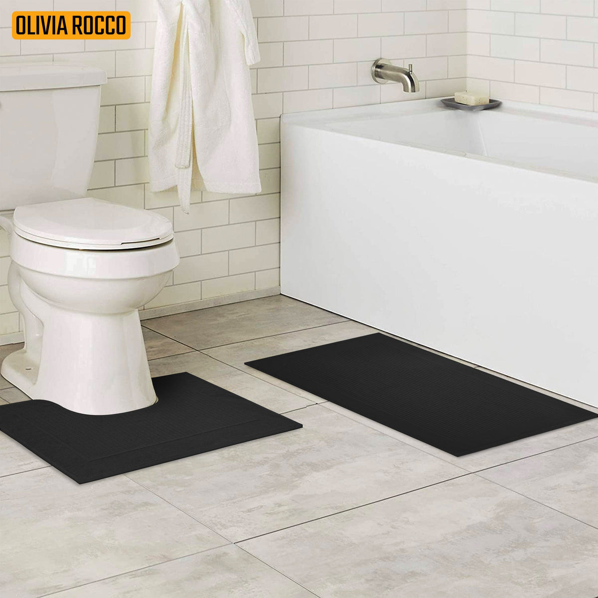 OLIVIA ROCCO Monaco 2 Piece Bath Mat And Pedestal Set Non Slip Water Absorbent 100% Cotton Easy-Care Hotel-Quality Textile