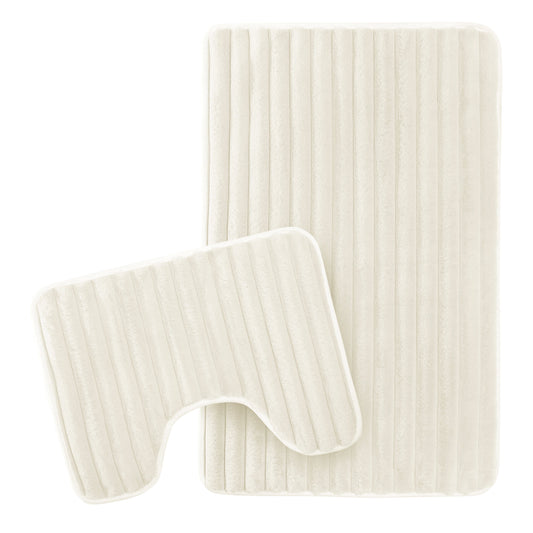 OLIVIA ROCCO 2 Piece Ribbed Bath Mat Set Cream Extra Soft Non Slip Super Absorbent Easy