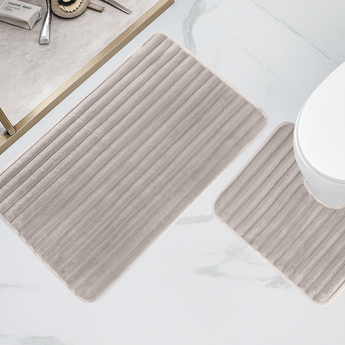 OLIVIA ROCCO 2 Piece Ribbed Bath Mat Set Natural Extra Soft Non Slip Super Absorbent Easy