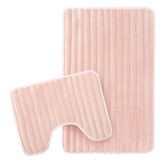 OLIVIA ROCCO 2 Piece Ribbed Bath Mat Set Pink Extra Soft Non Slip Super Absorbent
