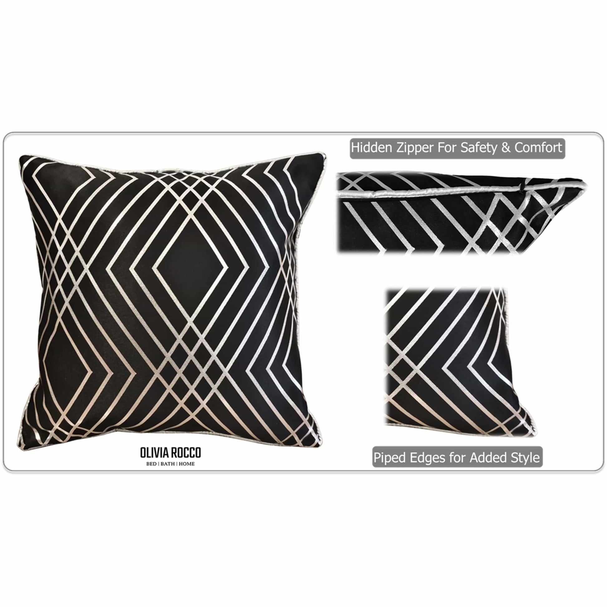 OLIVIA ROCCO Geo Sparkle Cushion Covers 2 Pack Geometric Decorative Pillow Cases Black Hotel-Style Sofa or Bed Accent