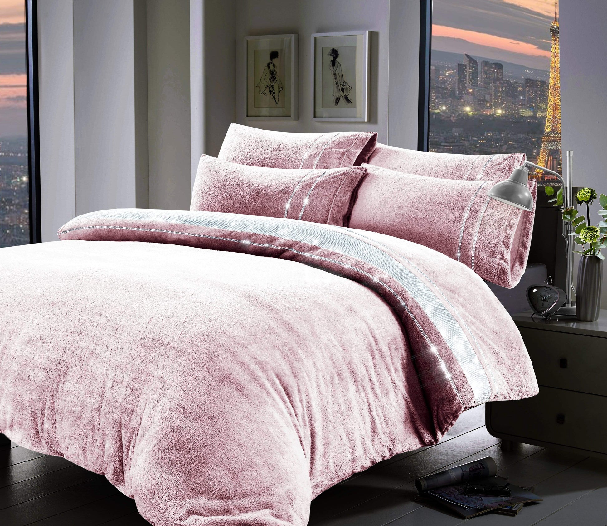 OLIVIA ROCCO Paris Glitz Teddy Fleece Duvet Set Diamante Detailing Super Soft Faux Fur