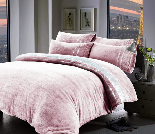 OLIVIA ROCCO Paris Glitz Teddy Fleece Duvet Set Diamante Detailing Super Soft Faux Fur