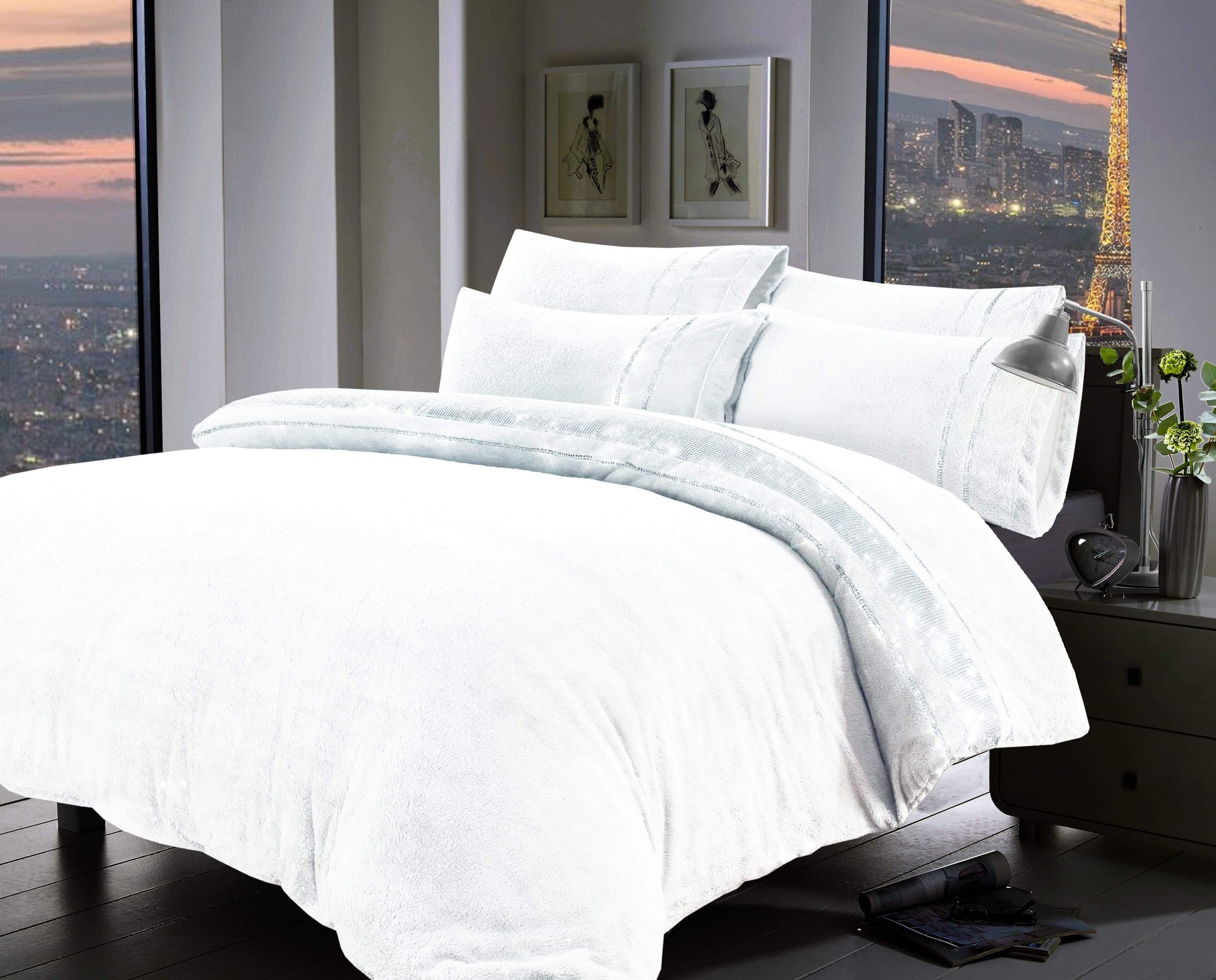 OLIVIA ROCCO Paris Glitz Teddy Fleece Duvet Set Diamante Detailing Super Soft Faux Fur