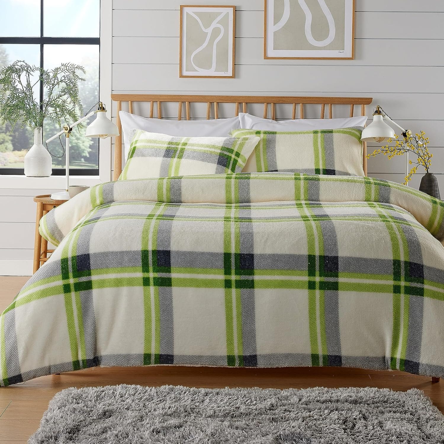 OLIVIA ROCCO Orkney Check Fleece Duvet Set Grey Green Easy Care Wrinkle Resistant