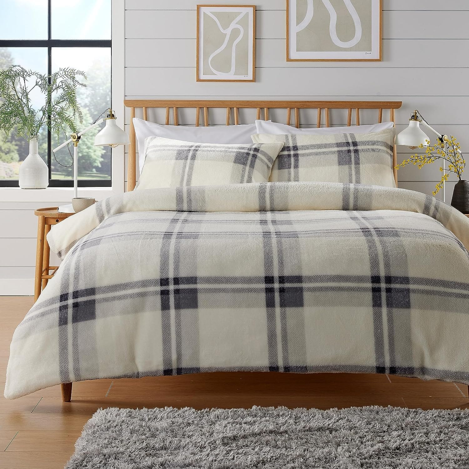 OLIVIA ROCCO Orkney Check Fleece Duvet Set Grey Green Easy Care Wrinkle Resistant