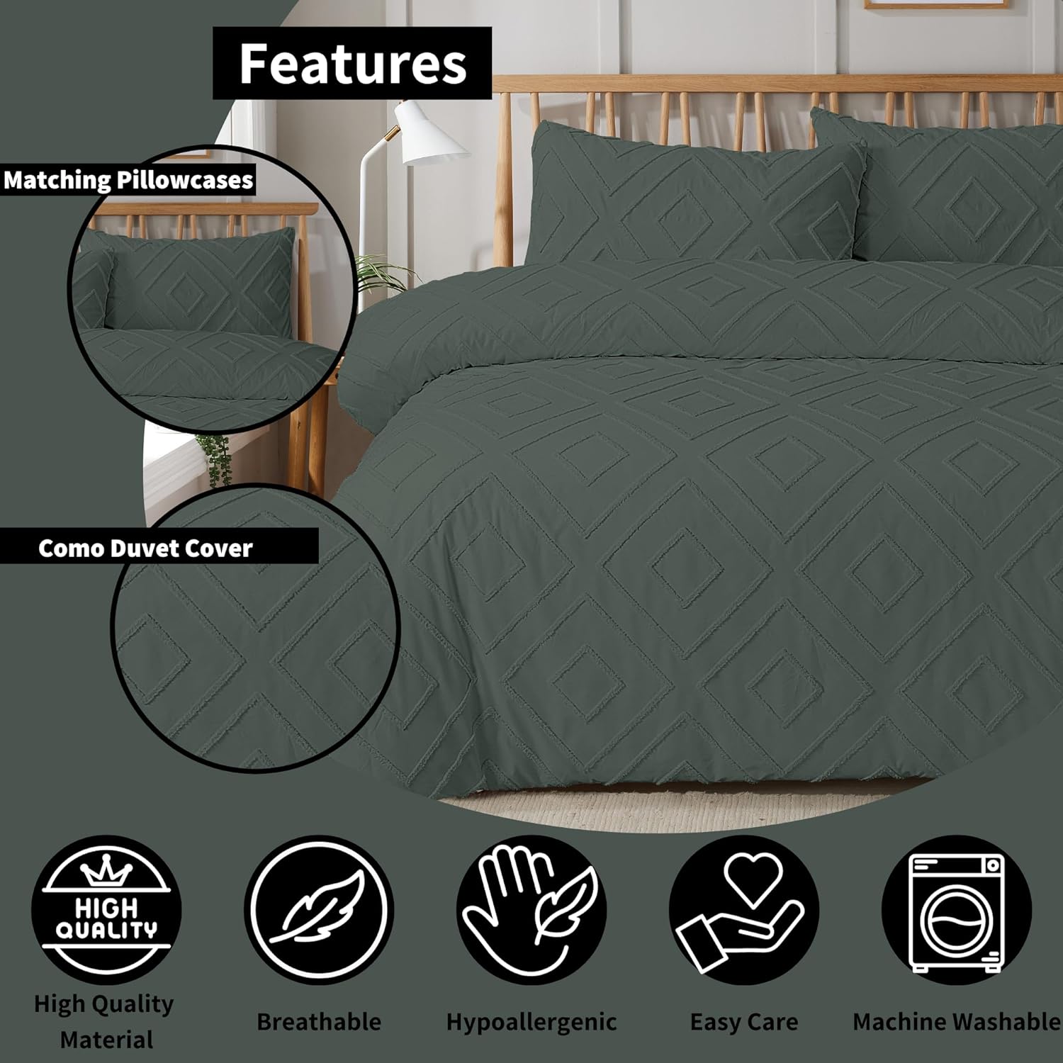 OLIVIA ROCCO Como Tufted Duvet Cover Set With Pillowcases Grey Natural White Easy Care