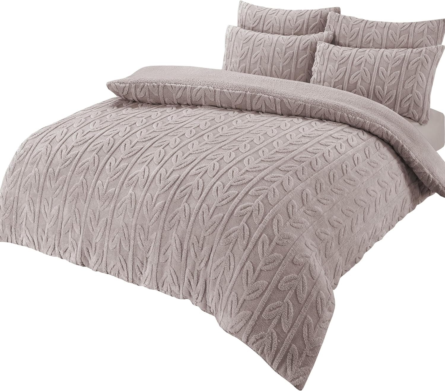 OLIVIA ROCCO Leaf Print Teddy Duvet Set With Reversible Sherpa Fleece Ultra Soft Winter