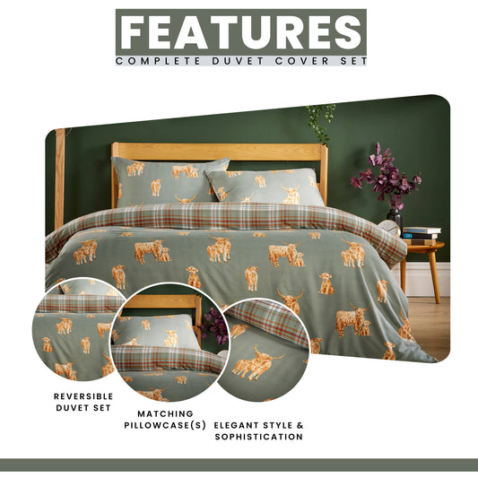 OLIVIA ROCCO Highland Cow Super Soft Flannel Duvet Cover Set With Pillowcases Warm Cosy