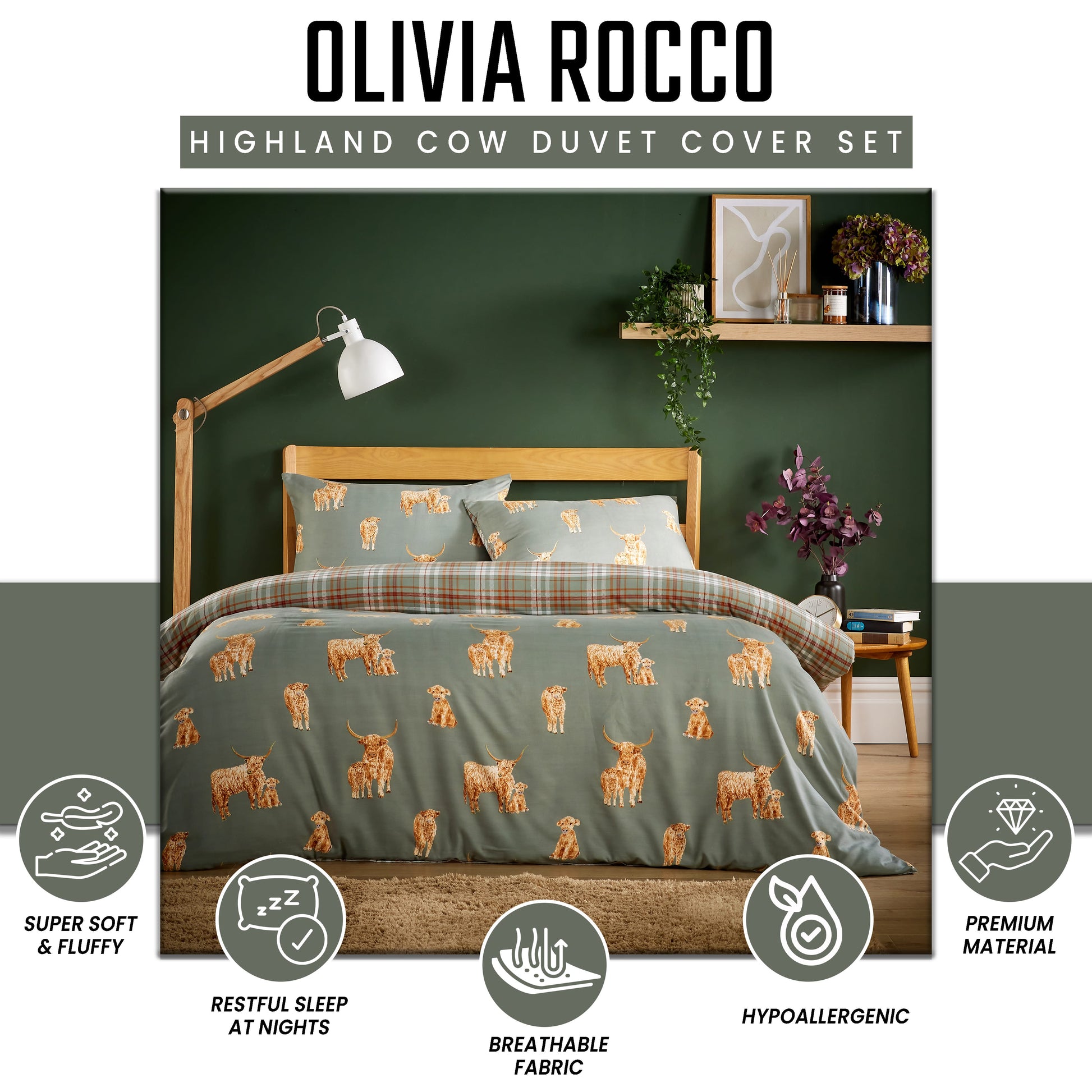 OLIVIA ROCCO Highland Cow Super Soft Flannel Duvet Cover Set With Pillowcases Warm Cosy