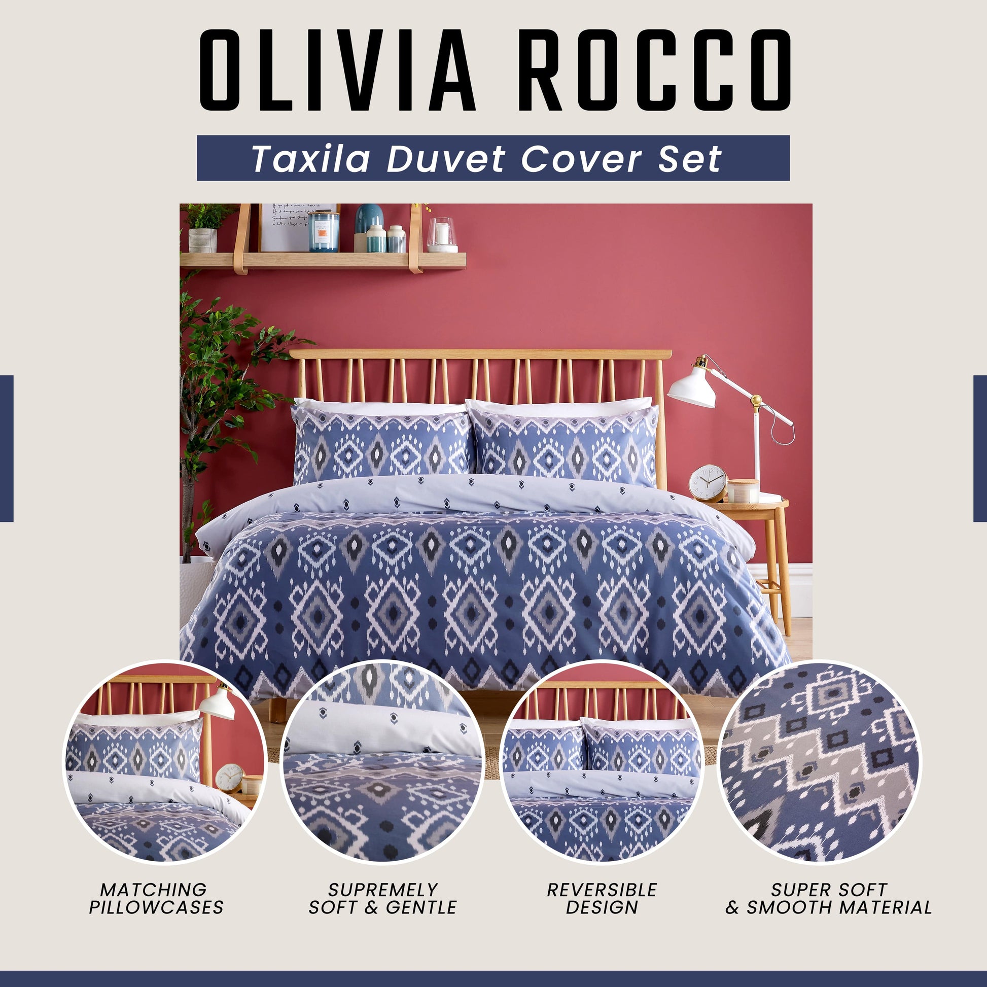 OLIVIA ROCCO Taxila Duvet Cover Set Easy Care Reversible Cotton Mix Super Soft for Everyday Luxury Hotel-Style