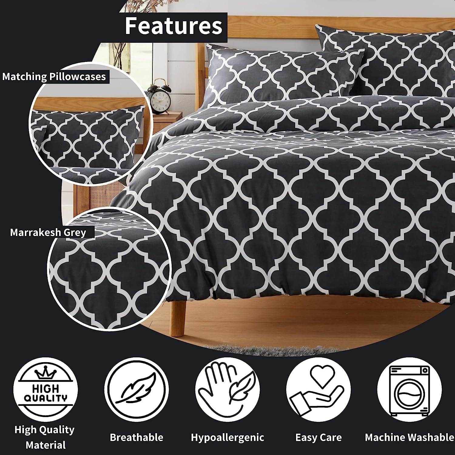OLIVIA ROCCO Marrakesh Grey Printed Duvet Cover Set Easy Care With Pillowcases Hotel-Quality Super Soft Finish