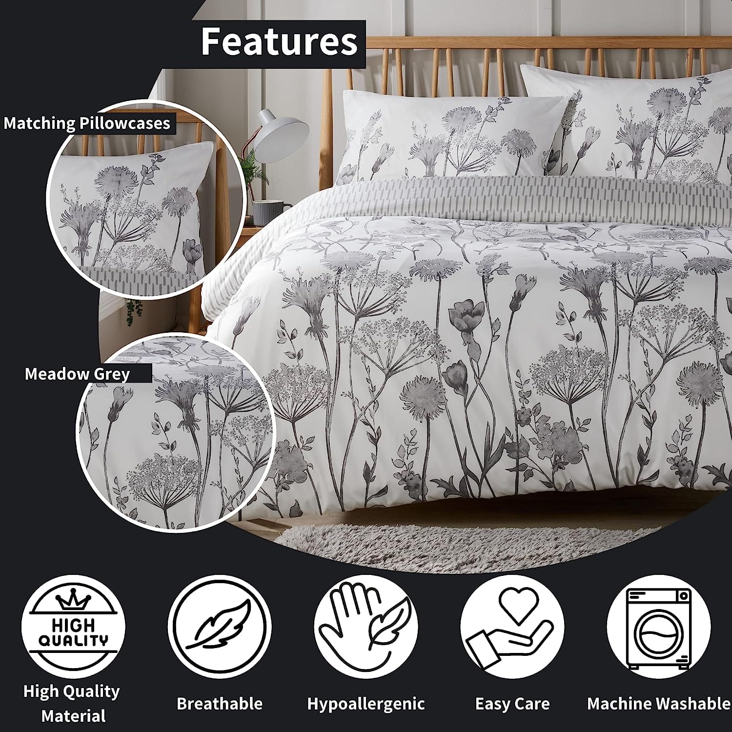 OLIVIA ROCCO Meadow Grey Reversible Duvet Cover Set With Pillowcases Breathable Microfibre for Everyday Luxury Hotel-Style
