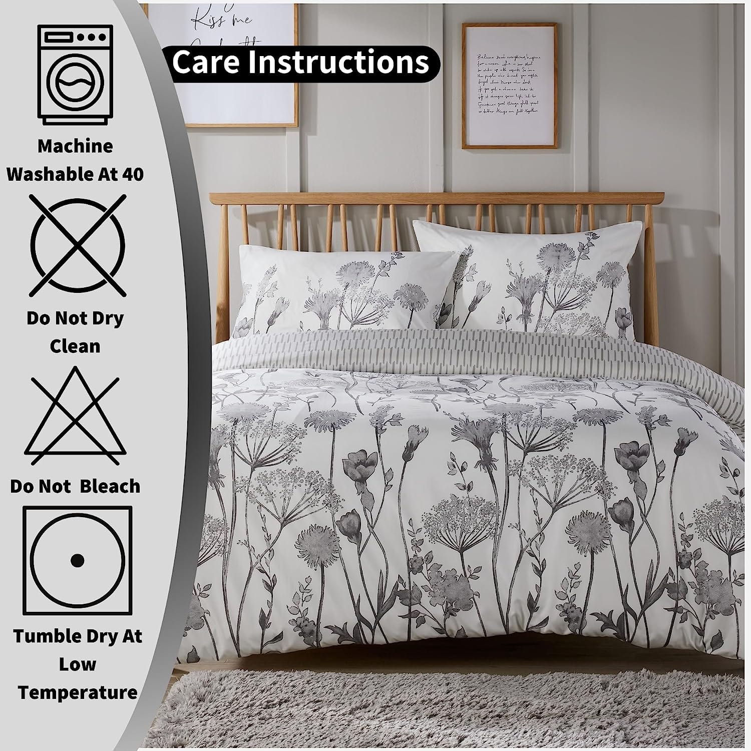 OLIVIA ROCCO Meadow Grey Reversible Duvet Cover Set With Pillowcases Breathable Microfibre for Everyday Luxury Hotel-Style