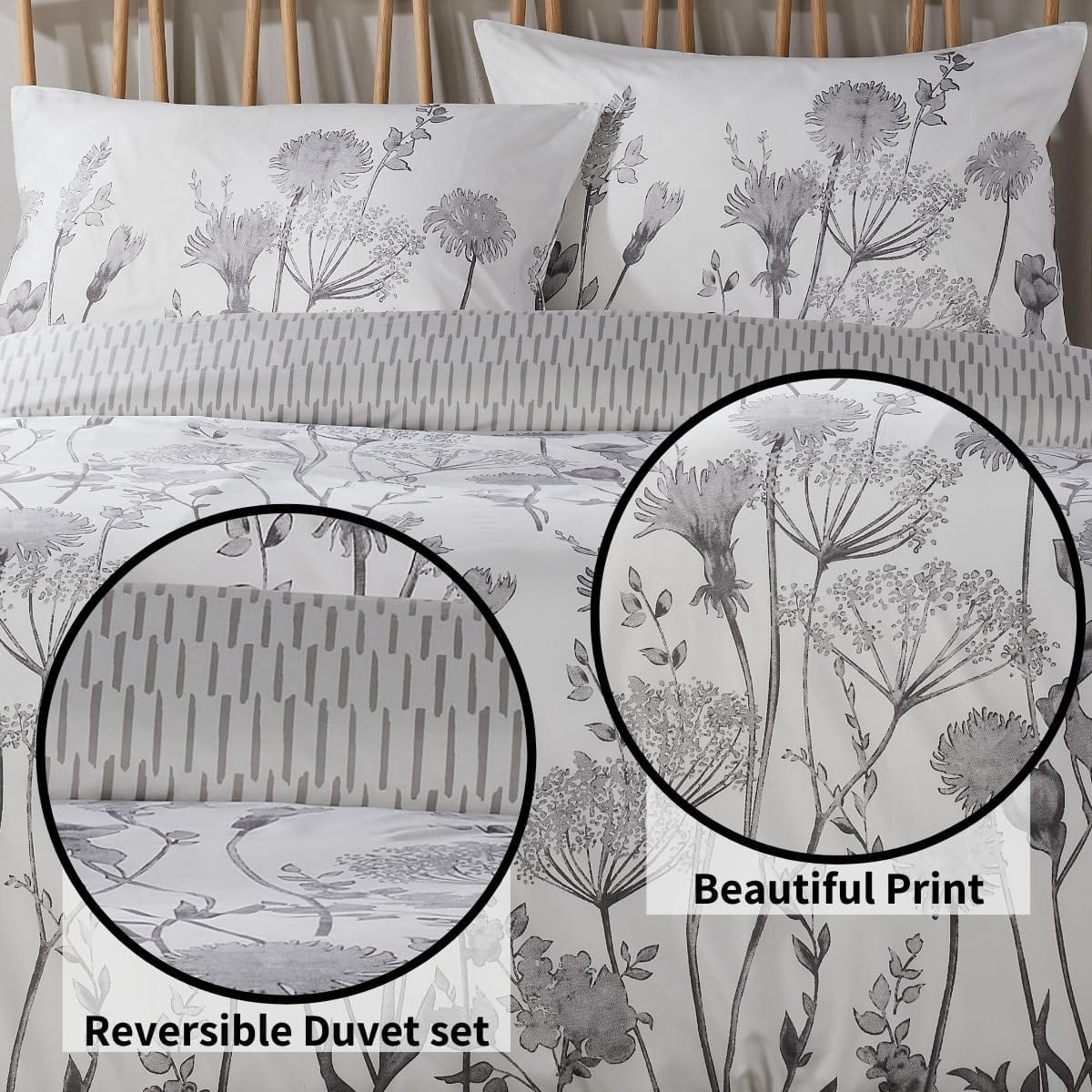 OLIVIA ROCCO Meadow Grey Reversible Duvet Cover Set With Pillowcases Breathable Microfibre for Everyday Luxury Hotel-Style