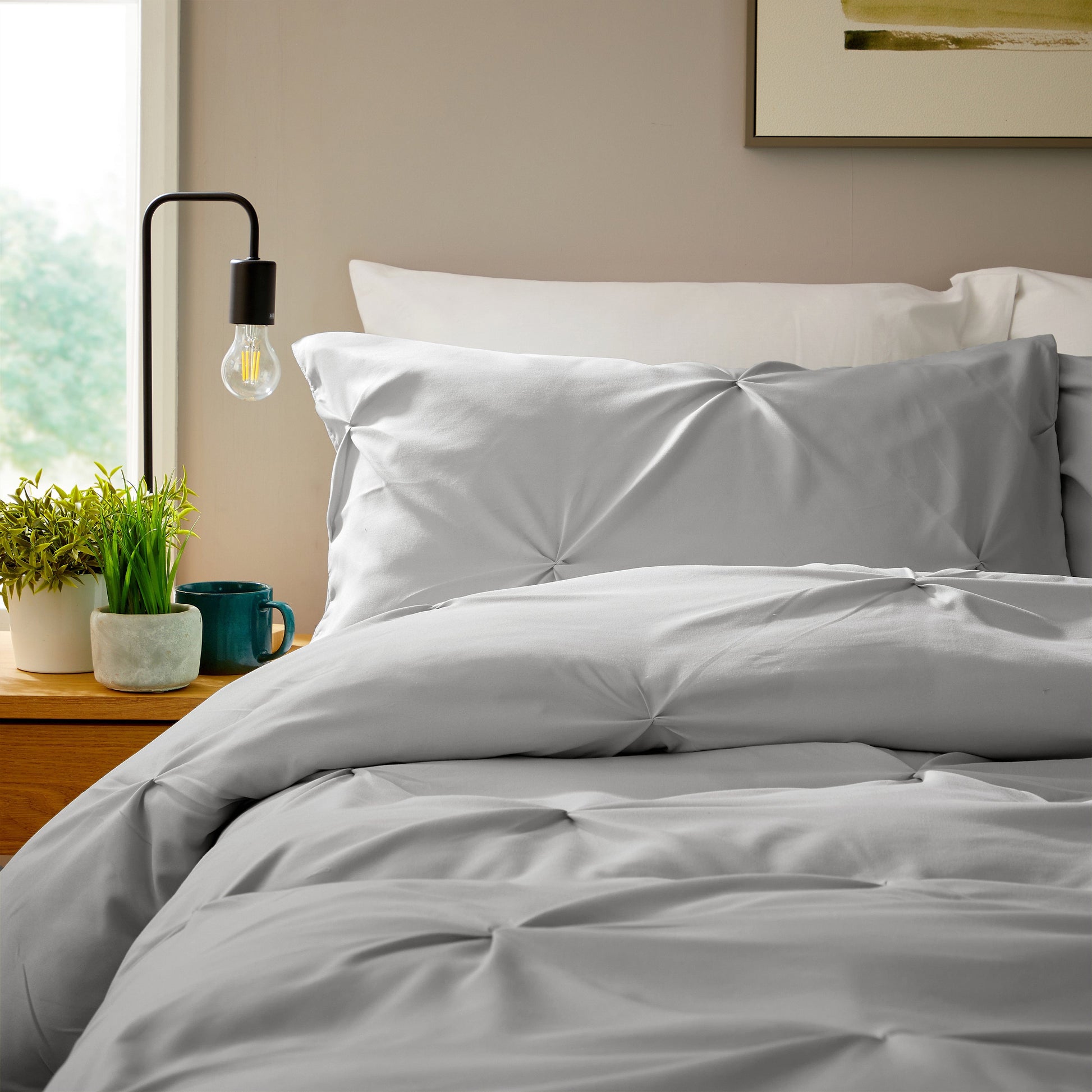 OLIVIA ROCCO Pintuck Grey Microfibre Duvet Cover Set With Pillowcases Soft Breathable