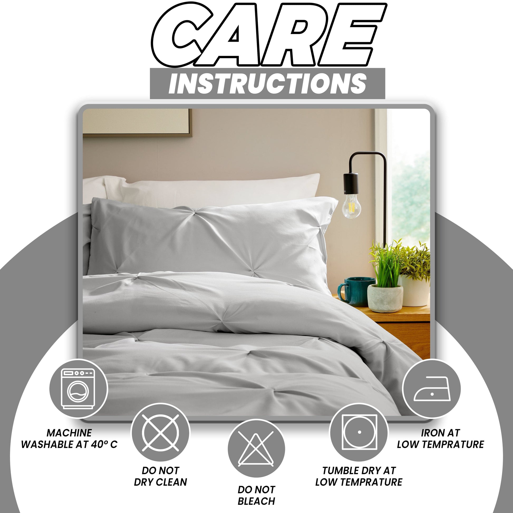OLIVIA ROCCO Pintuck Grey Microfibre Duvet Cover Set With Pillowcases Soft Breathable
