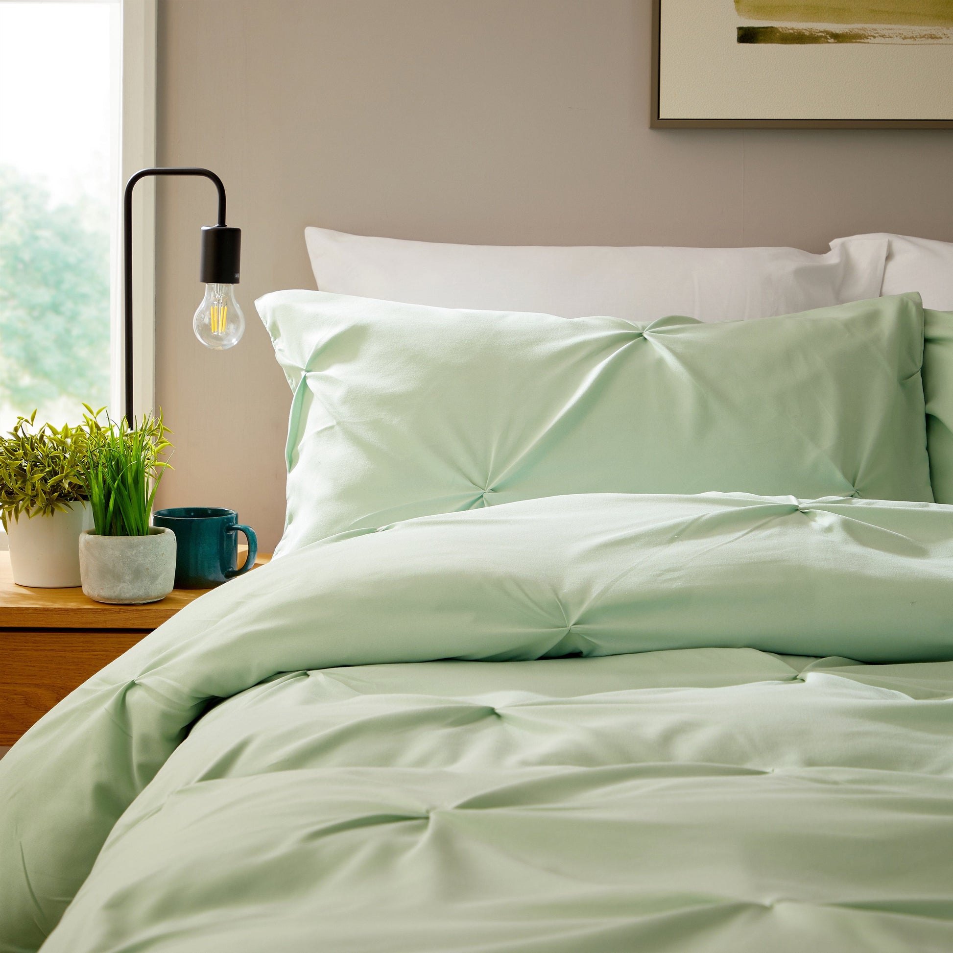 OLIVIA ROCCO Pintuck Sage Green Microfibre Duvet Cover Set With Pillowcases Easy Care