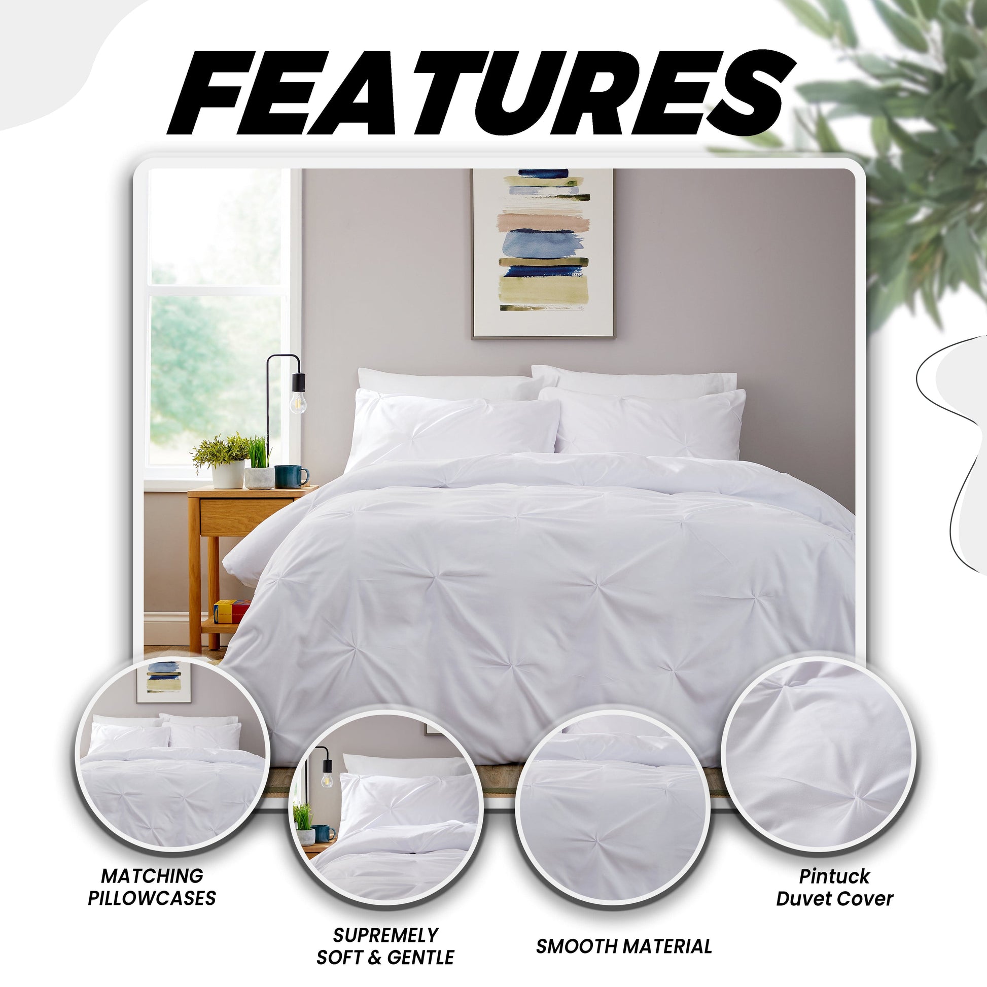 OLIVIA ROCCO Pintuck White Microfibre Duvet Cover Set With Pillowcases Reversible