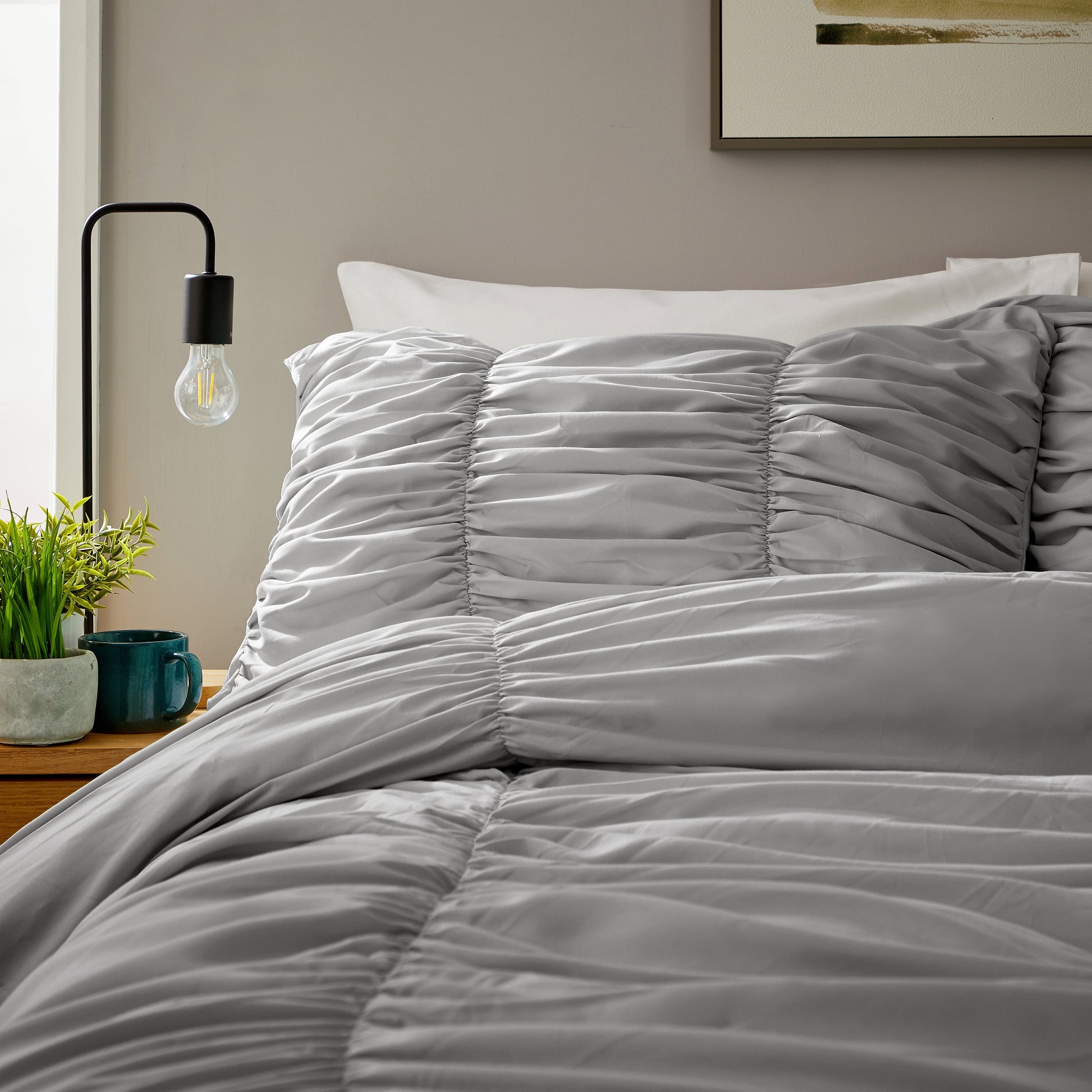 OLIVIA ROCCO Ruched Grey Microfibre Duvet Cover Set With Pillowcases Easy Care Bedroom Refresh Easy-Care Comfort